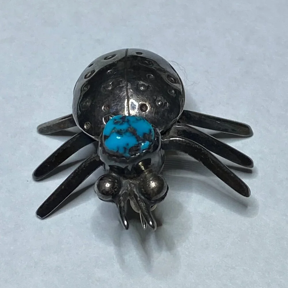 VINTAGE Native Southwest Sterling Silver Turquoise Ladybug Insect Brooch Pin EUC